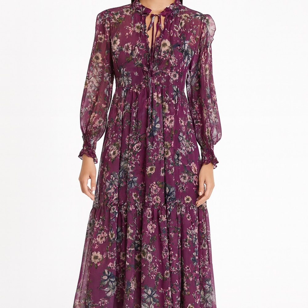 Chic Floral Long Sleeve Dress in Deep Purple